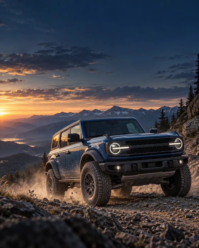 Blauer Offroad-Truck auf einem felsigen Bergkamm im Abendlicht